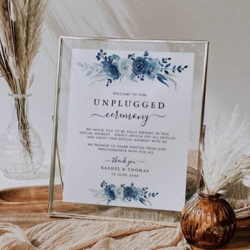 Blue watercolor floral Unplugged ceremony sign