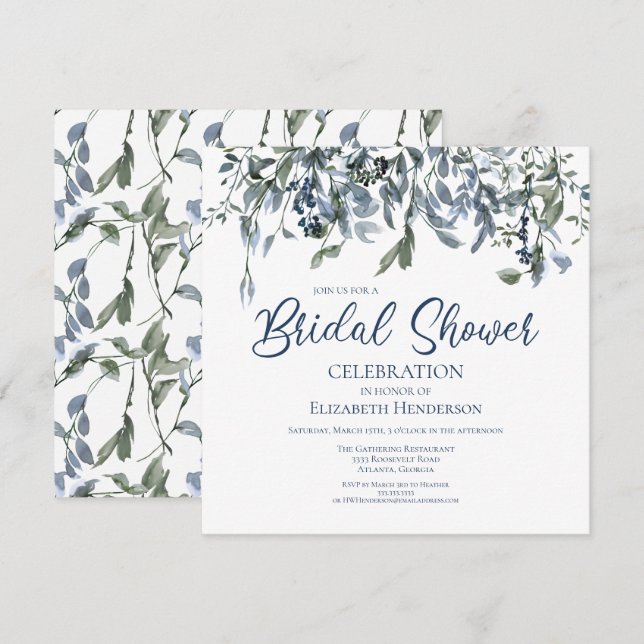 Blue Watercolor Floral Vines Bridal Shower Invitation (Front/Back)