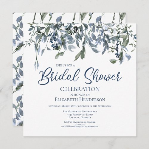 Blue Watercolor Floral Vines Bridal Shower Invitation