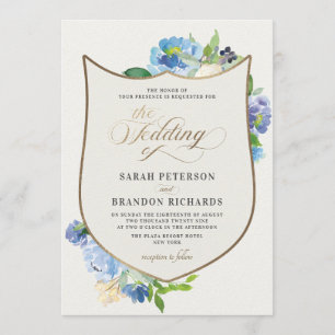 Blue Watercolor Floral Vintage Gold Crest Wedding Invitation