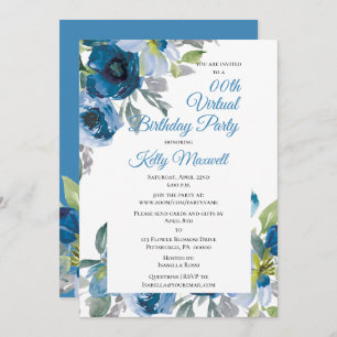 Blue Watercolor Floral Virtual Birthday Party Invitation