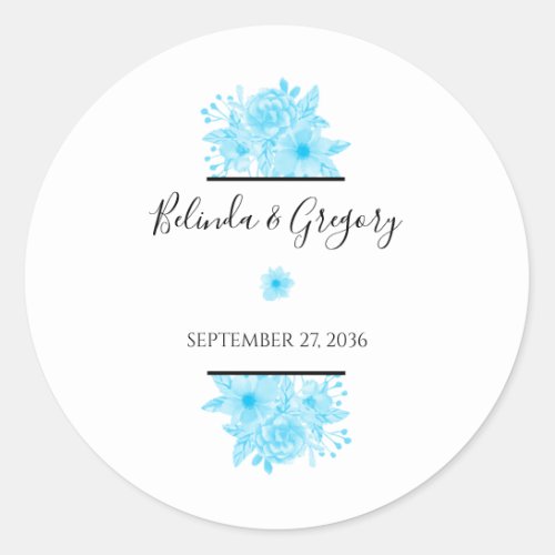 Blue Watercolor Floral Wedding Classic Round Sticker