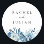 Blue watercolor floral wedding classic round sticker<br><div class="desc">An elegant floral design with painted blue watercolor flowers. The text details and colors can be edited.</div>
