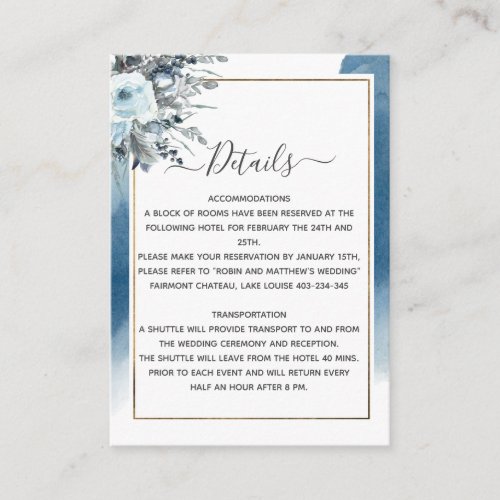 Blue Watercolor Floral Wedding Details Reception Enclosure Card