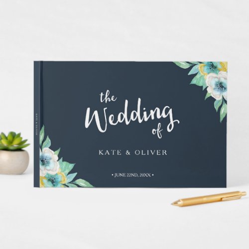 Blue Watercolor Floral Wedding Guest Book