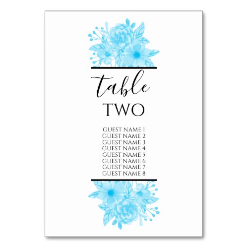 Blue Watercolor Floral Wedding Guest Names Table Number