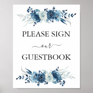 Blue watercolor floral wedding guestbook sign