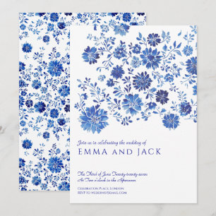 Blue Watercolor Floral Wedding Invitation