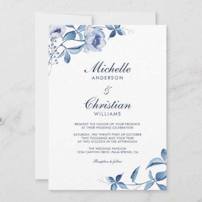 Blue Watercolor Floral Wedding Invitation (Front)