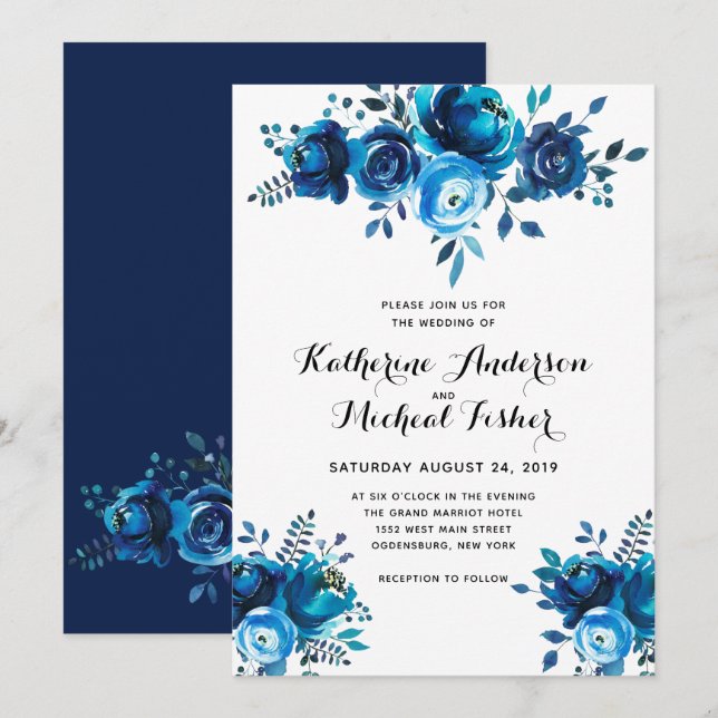 Blue Watercolor Floral Wedding Invitation (Front/Back)