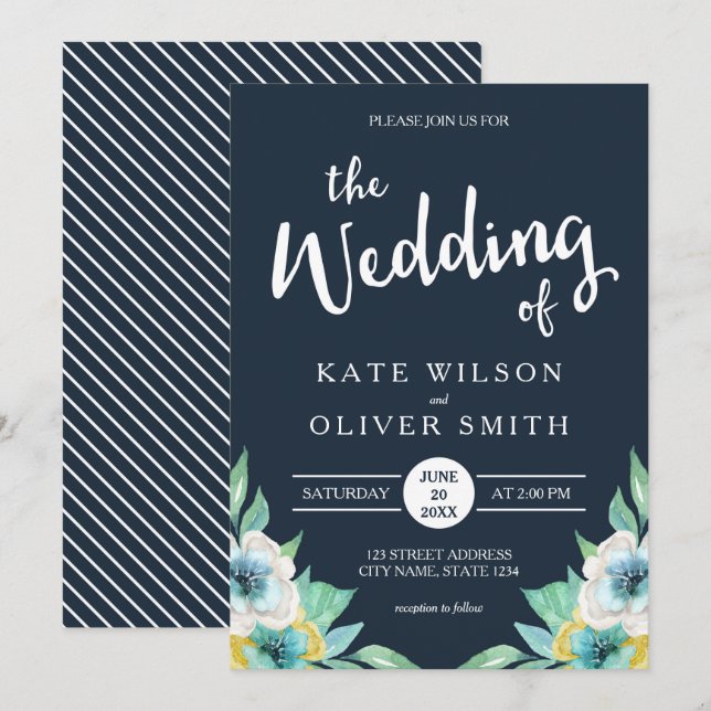 Blue Watercolor Floral Wedding Invitation (Front/Back)