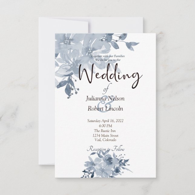 Blue watercolor floral wedding invitation (Front)
