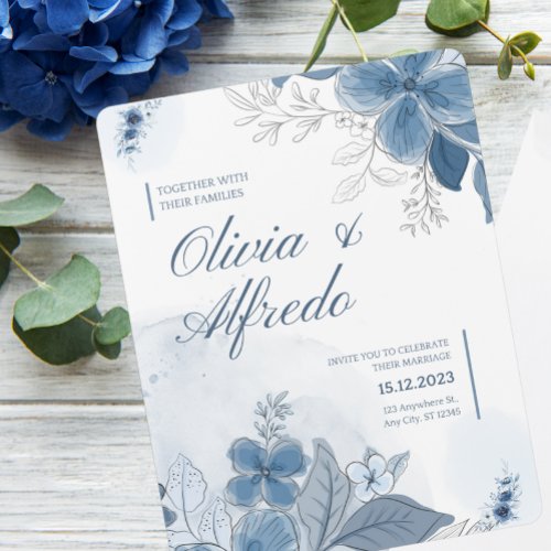 Blue Watercolor Floral Wedding Invitation