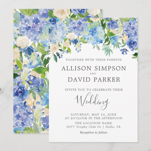 Blue Watercolor Floral Wedding Invitation (Front/Back)