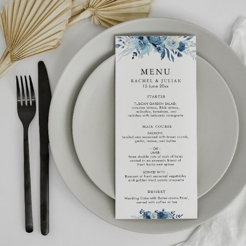 Blue watercolor floral wedding menu