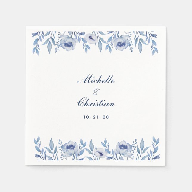 Blue Watercolor Floral Wedding Napkin (Front)
