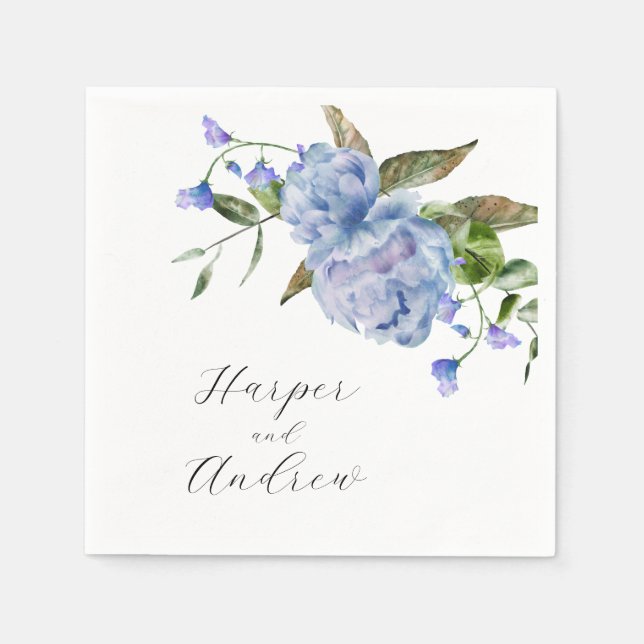 Blue Watercolor Floral Wedding Napkins (Front)