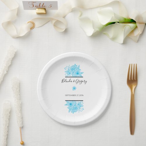 Blue Watercolor Floral Wedding Paper Plates