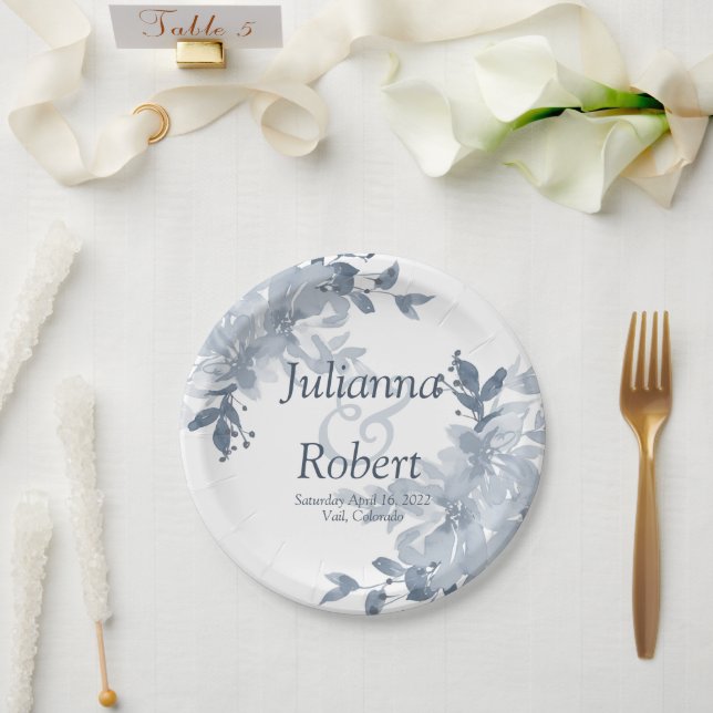 Blue watercolor floral  wedding  paper plates (Wedding)