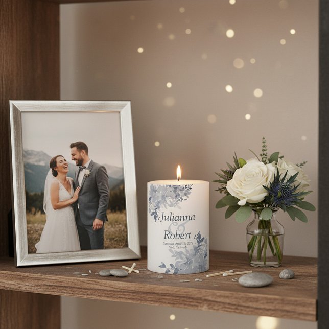 Blue watercolor floral  wedding  pillar candle (Creator Uploaded)