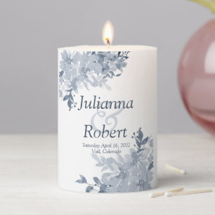 Blue watercolor floral  wedding  pillar candle