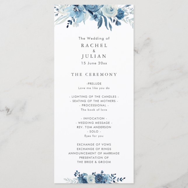 blue watercolor floral wedding program (Front)