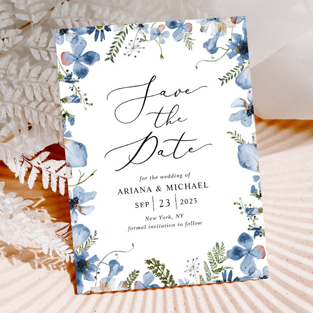 Blue Watercolor Floral Wedding Save The Date Card (Creator Uploaded)