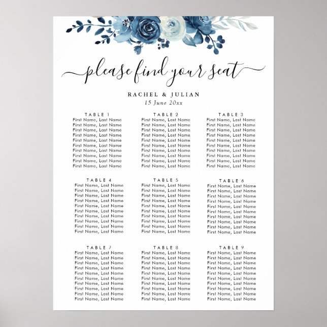 Blue watercolor floral wedding seating chart (Front)