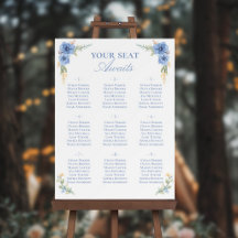 Blue Watercolor Floral Wedding Seating Chart Sign