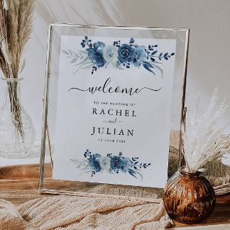 Blue watercolor floral wedding sign