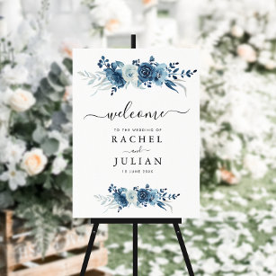 Blue watercolor floral wedding sign