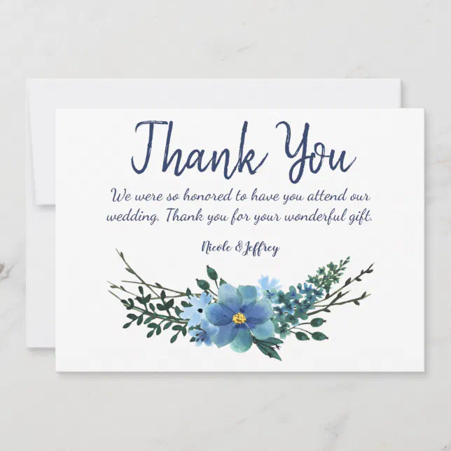 Blue Watercolor Floral Wedding Thank You Card Zazzle