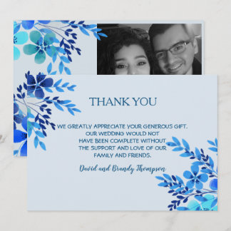 Blue Watercolor Floral Wedding Thank You Note