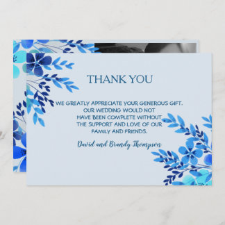 Blue Watercolor Floral Wedding Thank You Note