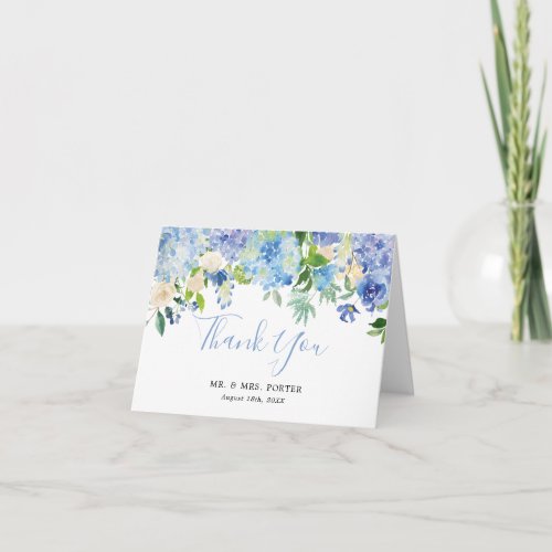 Blue Watercolor Floral Wedding Thank You Note Card