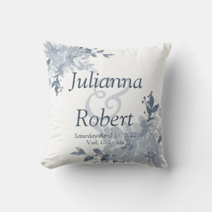 Blue watercolor floral wedding throw pillow