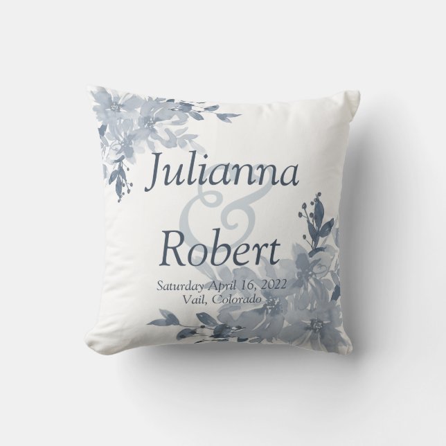 Blue watercolor floral  wedding  throw pillow (Front)