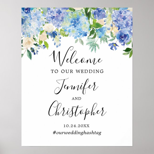 Blue Watercolor Floral Wedding Welcome Sign (Front)