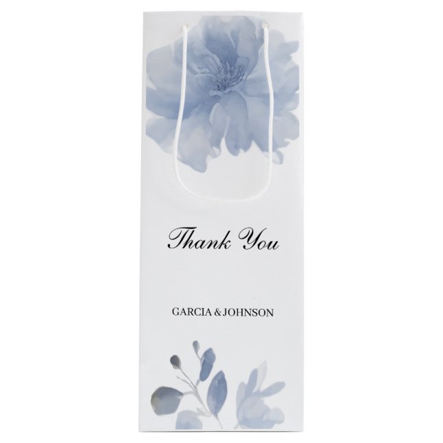 Blue Watercolor Floral Wedding Wine Gift Bag (Front)