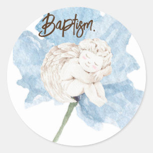 Blue Watercolor Floral White Child Angel Baptism Classic Round Sticker