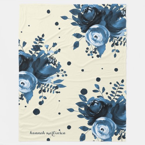 Blue Watercolor Floral with Dots and Add Name Fleece Blanket