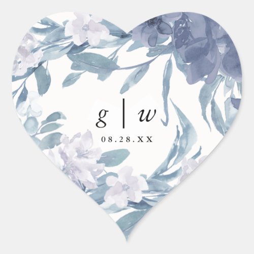 Blue Watercolor Floral with Monogram Wedding Date Heart Sticker