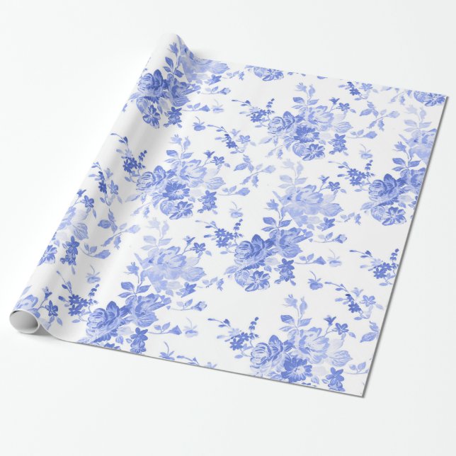 Blue Watercolor Floral Wrapping Paper (Unrolled)