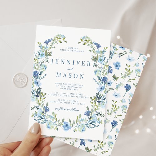 Blue watercolor floral wreath boho summer wedding invitation