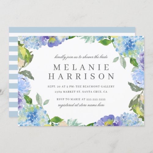 Blue Watercolor Floral Wreath Bridal Shower Invitation