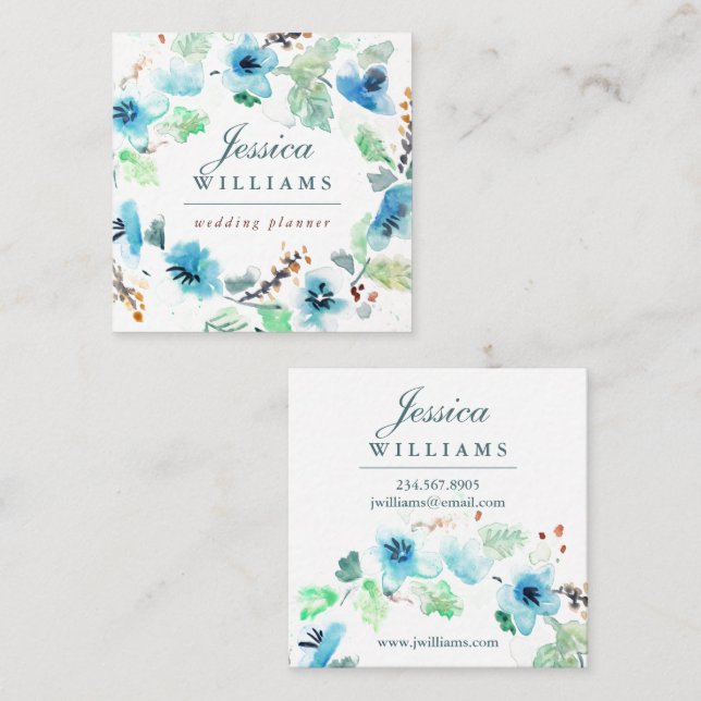 Blue Watercolor Floral Wreath Business Card (Front/Back)