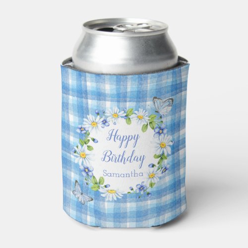 Blue Watercolor Floral Wreath Girls Birthday Party Can Cooler