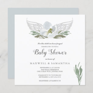 Blue Watercolor Florals Angel Wings Baby Shower Invitation