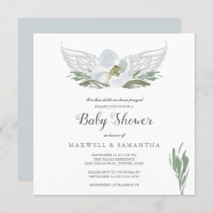 Blue Watercolor Florals Angel Wings Baby Shower Invitation