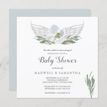 Blue Watercolor Florals Angel Wings Baby Shower Invitation by VGInvites at Zazzle